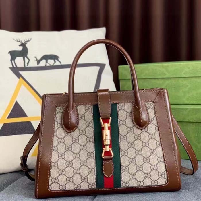 Gucci GG Women Jackie 1961 Medium Tote Bag Beige Ebony GG Supreme Canvas