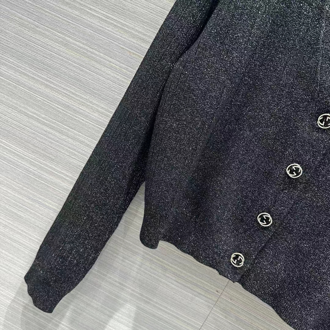Gucci GG Women Rib Stitch Viscose Lamé Cardigan Interlocking G Buttons V-Neck Long Sleeves