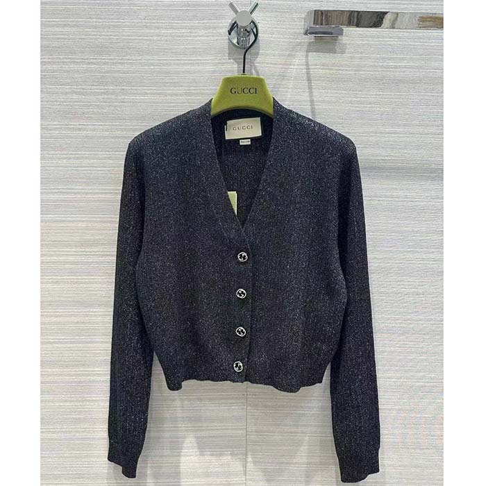 Gucci GG Women Rib Stitch Viscose Lamé Cardigan Interlocking G Buttons V-Neck Long Sleeves