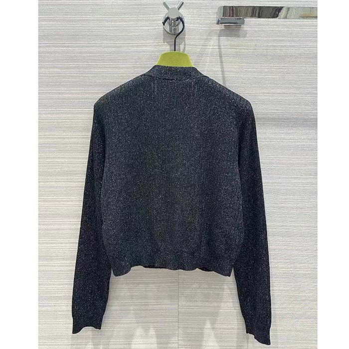Gucci GG Women Rib Stitch Viscose Lamé Cardigan Interlocking G Buttons V-Neck Long Sleeves