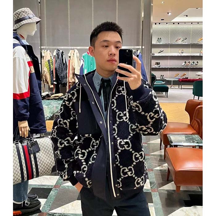 Gucci Men GG Fuzzy Fabric Jacquard Jacket Fixed Hood Drawstring Long Sleeves Front Patch Pocket