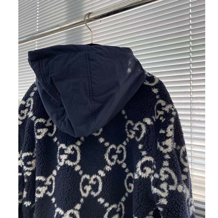 Gucci Women GG Fuzzy Fabric Jacquard Jacket Fixed Hood Drawstring Long Sleeves Front Patch Pocket