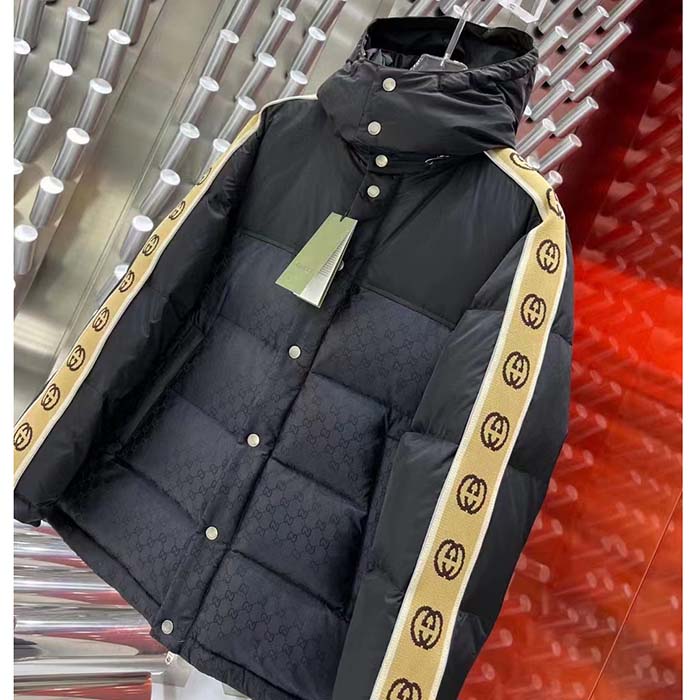 Gucci Women GG Jacquard Nylon Quilted Coat Down Goose Feather Black Knit Rib Nylon Lining