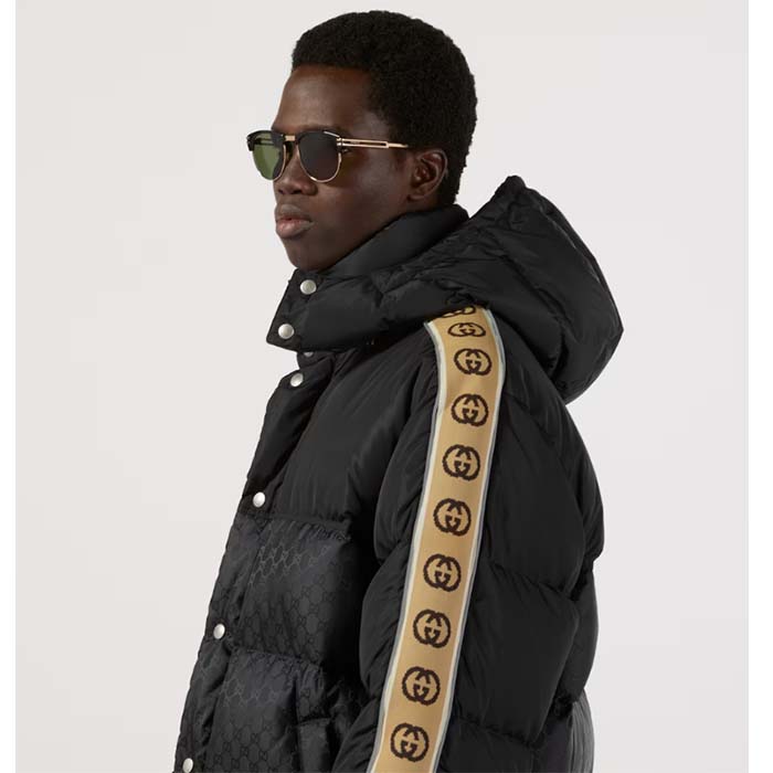 Gucci Men GG Jacquard Nylon Quilted Coat Down Goose Feather Black Knit Rib Nylon Lining