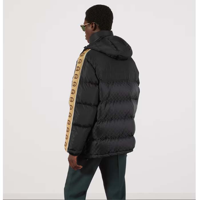 Gucci Men GG Jacquard Nylon Quilted Coat Down Goose Feather Black Knit Rib Nylon Lining