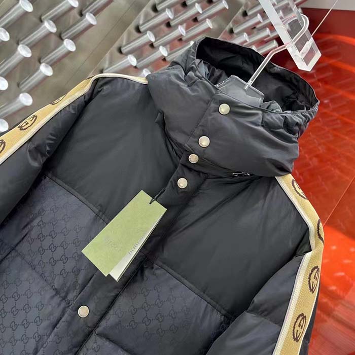 Gucci Women GG Jacquard Nylon Quilted Coat Down Goose Feather Black Knit Rib Nylon Lining