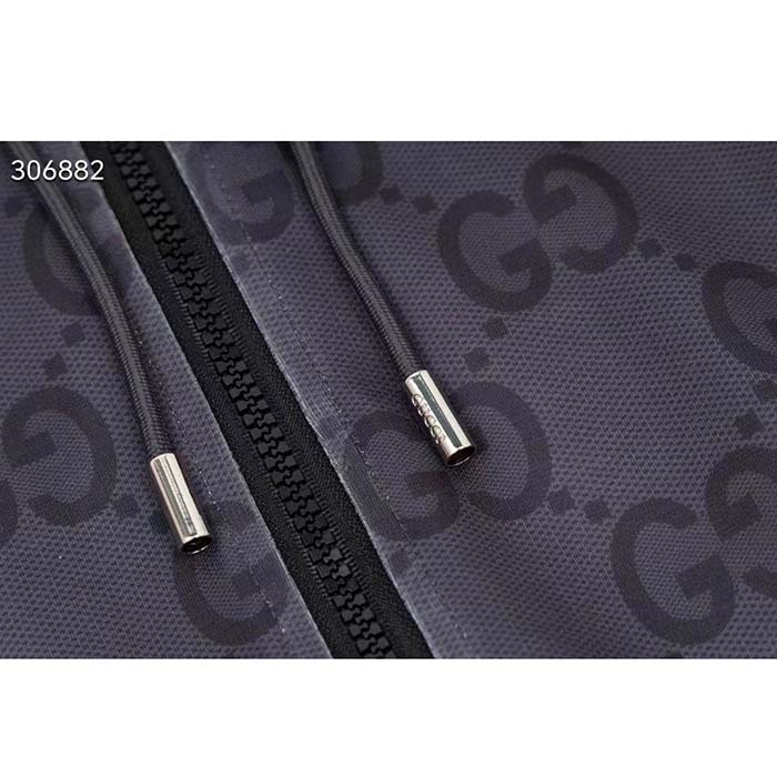 Gucci Men GG Jumbo GG Zip Jacket Web Dark Grey Neoprene Canvas Raglan Sleeves