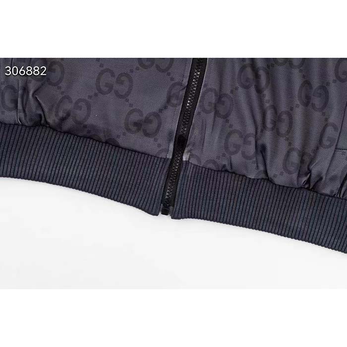 Gucci Men GG Jumbo GG Zip Jacket Web Dark Grey Neoprene Canvas Raglan Sleeves