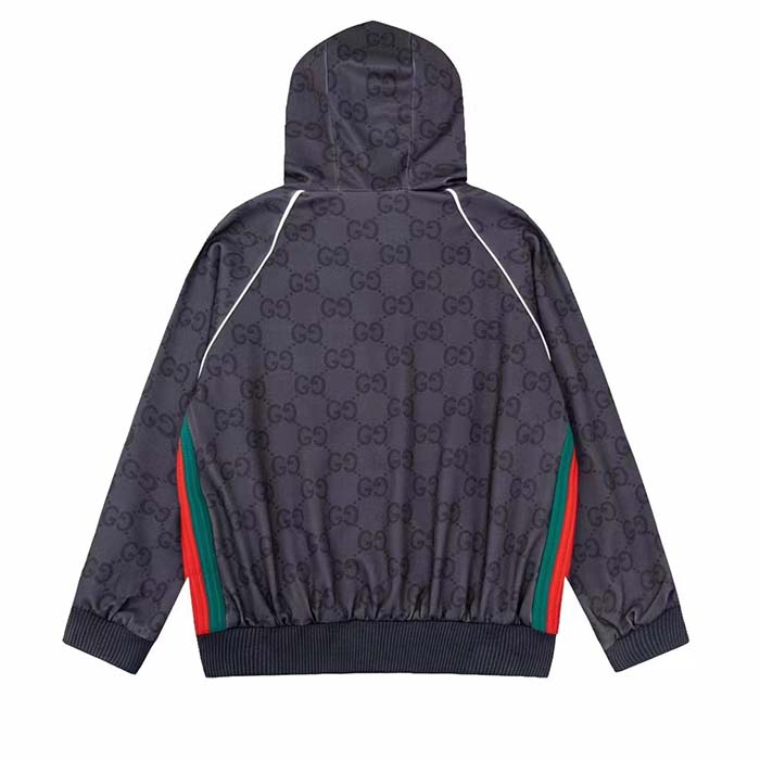 Gucci Men GG Jumbo GG Zip Jacket Web Dark Grey Neoprene Canvas Raglan Sleeves
