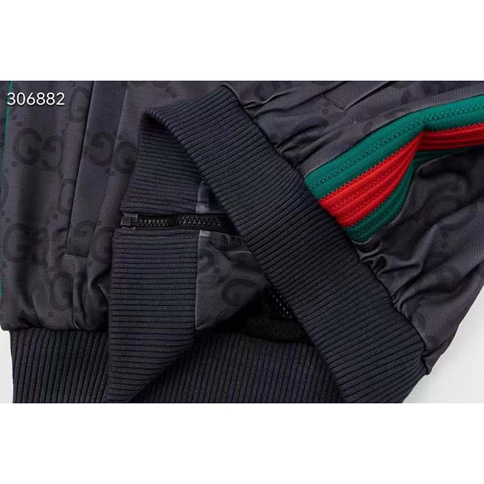 Gucci Men GG Jumbo GG Zip Jacket Web Dark Grey Neoprene Canvas Raglan Sleeves