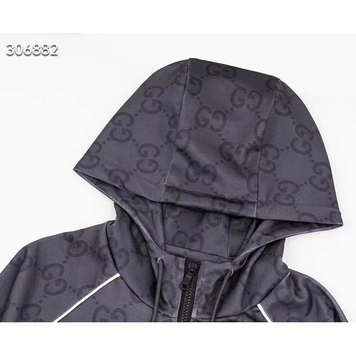 Gucci Men GG Jumbo GG Zip Jacket Web Dark Grey Neoprene Canvas Raglan Sleeves