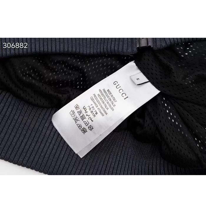 Gucci Men GG Jumbo GG Zip Jacket Web Dark Grey Neoprene Canvas Raglan Sleeves