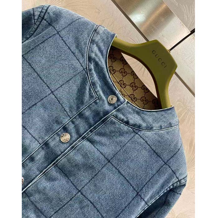 Gucci Men GG Reversible Denim Jacket Camel Ebony GG Canvas Reversible Collarless Dropped Shoulder