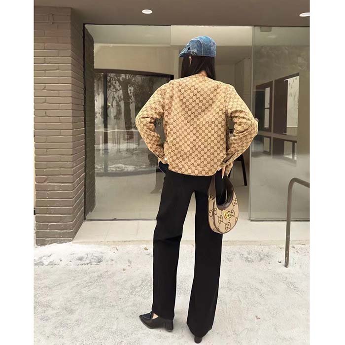 Gucci Women GG Reversible Denim Jacket Camel Ebony GG Canvas Reversible Collarless Dropped Shoulder