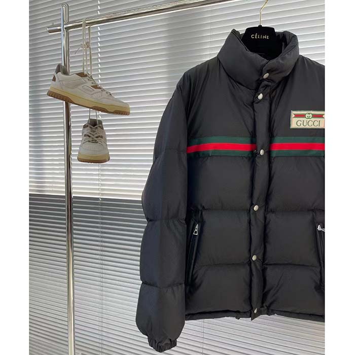 Gucci Men GG Water Repellant Down Jacket Black Water Nylon Satin Zip Front Zip Pockets