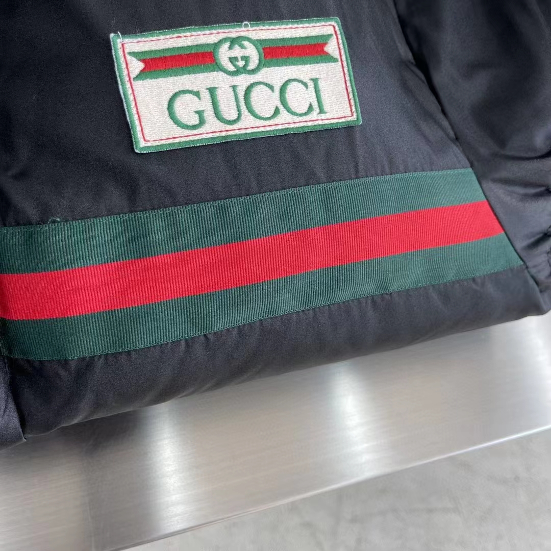 Gucci Men GG Water Repellant Down Jacket Black Water Nylon Satin Zip Front Zip Pockets