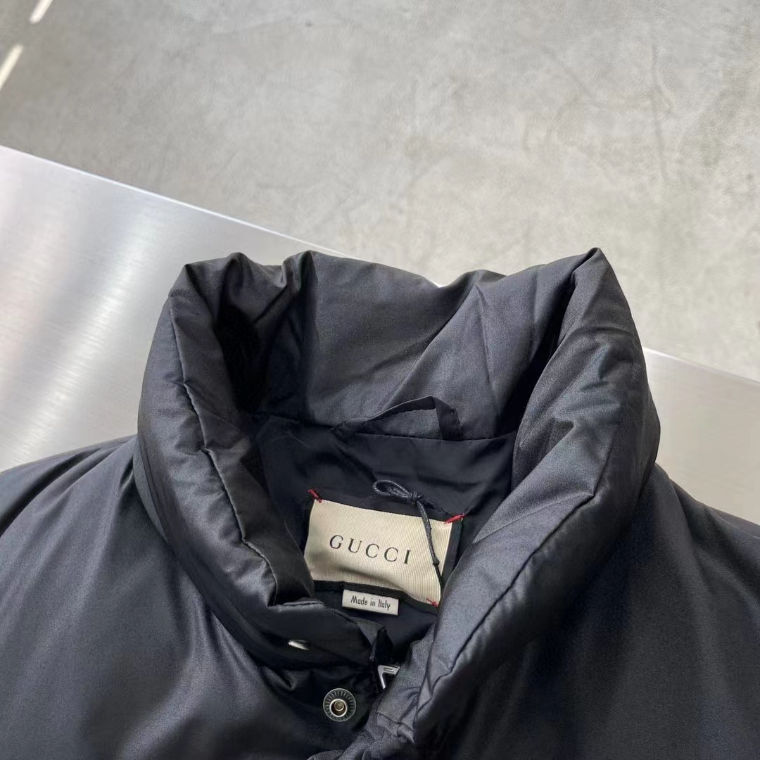 Gucci Men GG Water Repellant Down Jacket Black Water Nylon Satin Zip Front Zip Pockets