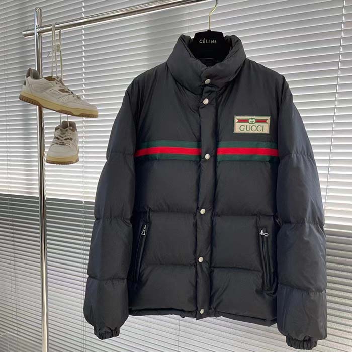 Gucci Men GG Water Repellant Down Jacket Black Water Nylon Satin Zip Front Zip Pockets