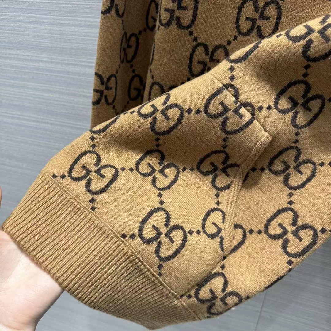 Gucci Men GG Wool Hooded Sweatshirt Camel Ebony Fixed Hood Kangaroo Pocket Rib