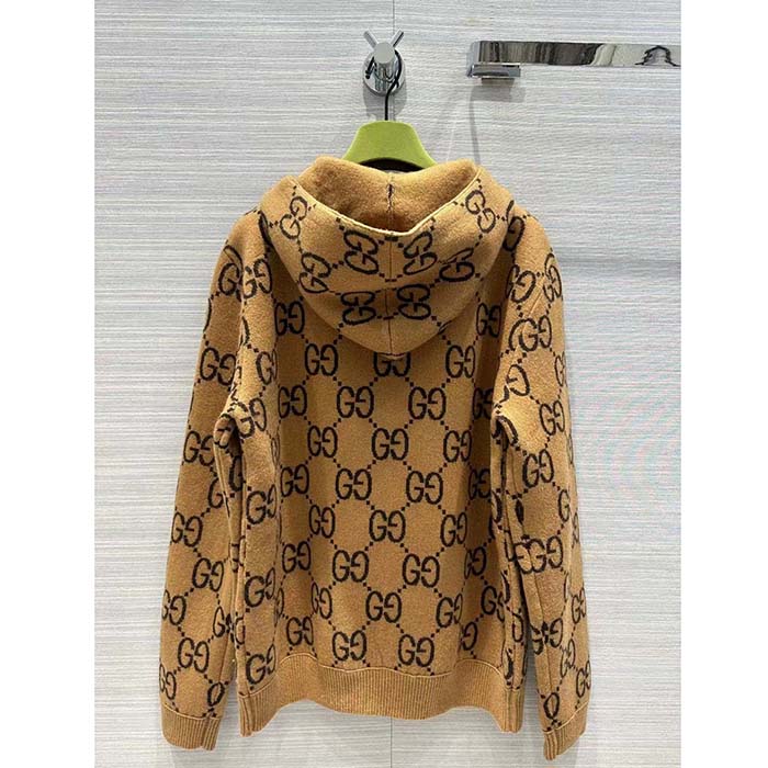 Gucci Men GG Wool Hooded Sweatshirt Camel Ebony Fixed Hood Kangaroo Pocket Rib