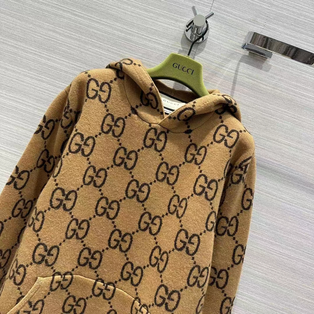 Gucci Men GG Wool Hooded Sweatshirt Camel Ebony Fixed Hood Kangaroo Pocket Rib