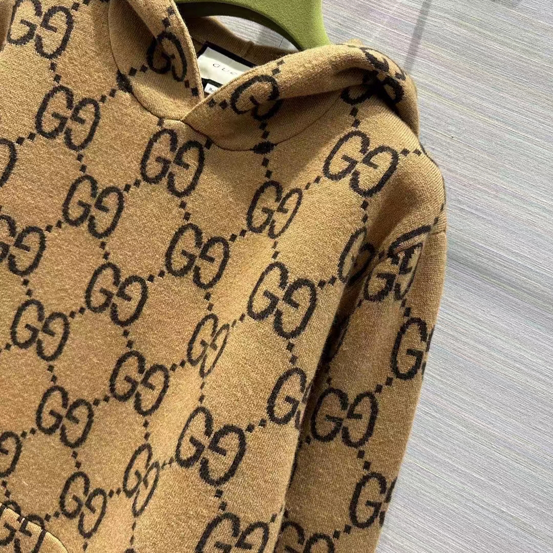 Gucci Men GG Wool Hooded Sweatshirt Camel Ebony Fixed Hood Kangaroo Pocket Rib