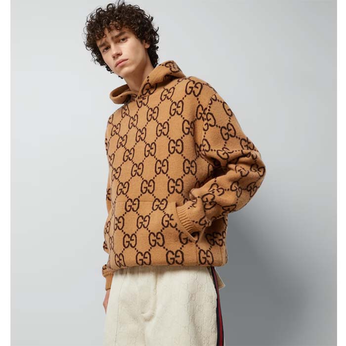 Gucci Men GG Wool Hooded Sweatshirt Camel Ebony Fixed Hood Kangaroo Pocket Rib