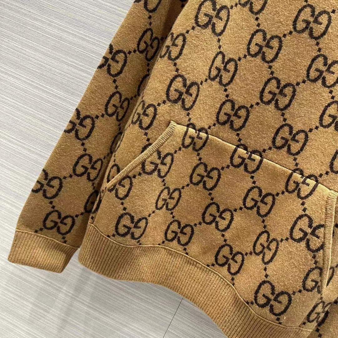 Gucci Men GG Wool Hooded Sweatshirt Camel Ebony Fixed Hood Kangaroo Pocket Rib