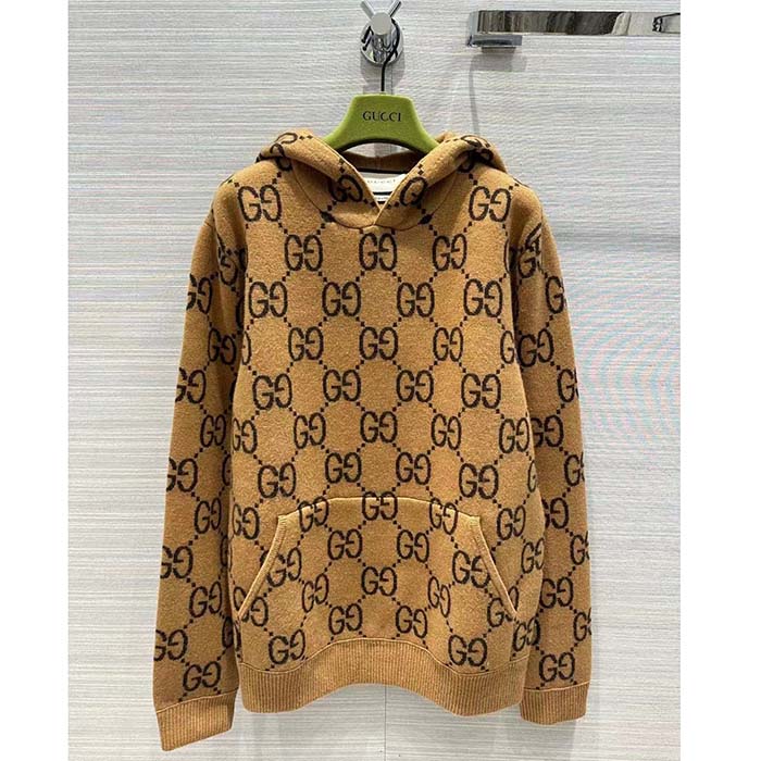 Gucci Men GG Wool Hooded Sweatshirt Camel Ebony Fixed Hood Kangaroo Pocket Rib