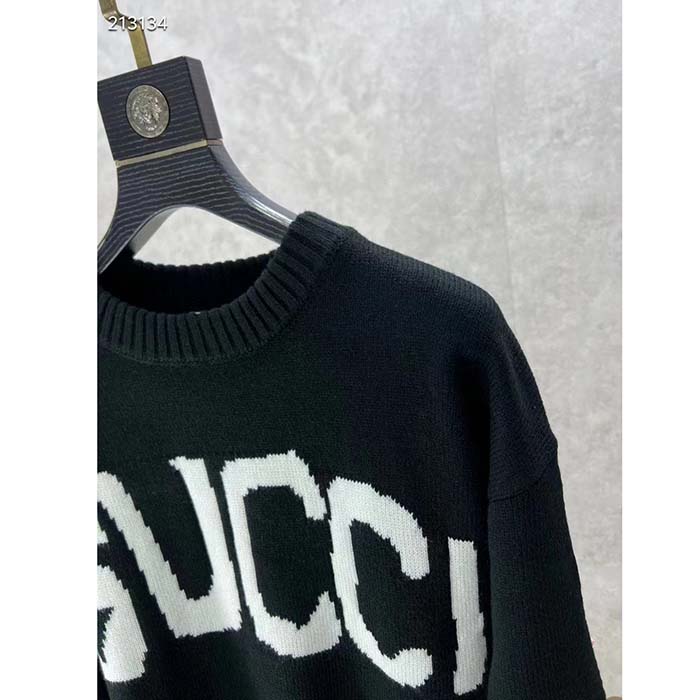 Gucci Men GG Wool Sweater Gucci Intarsia Blue Ivory Knit Crewneck Long Sleeves