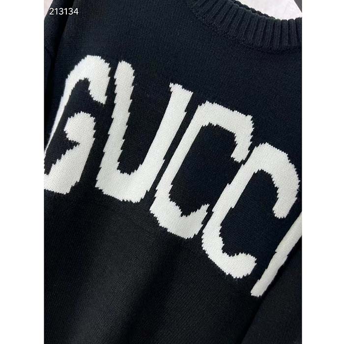Gucci Men GG Wool Sweater Gucci Intarsia Blue Ivory Knit Crewneck Long Sleeves
