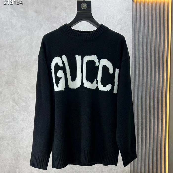 Gucci Men GG Wool Sweater Gucci Intarsia Blue Ivory Knit Crewneck Long Sleeves