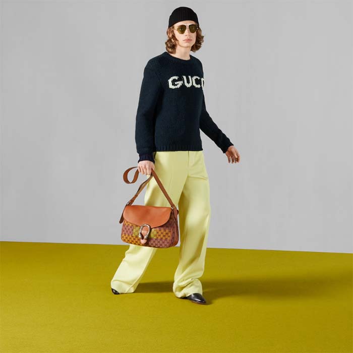 Gucci Men GG Wool Sweater Gucci Intarsia Blue Ivory Knit Crewneck Long Sleeves
