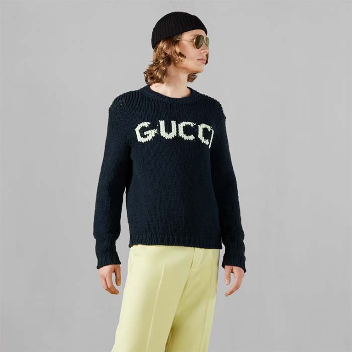 Gucci Men GG Wool Sweater Gucci Intarsia Blue Ivory Knit Crewneck Long Sleeves