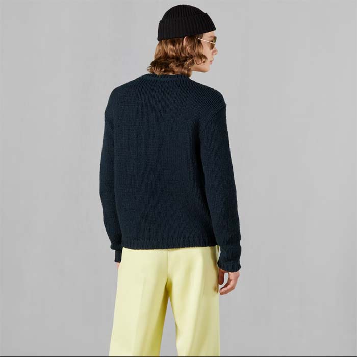 Gucci Men GG Wool Sweater Gucci Intarsia Blue Ivory Knit Crewneck Long Sleeves