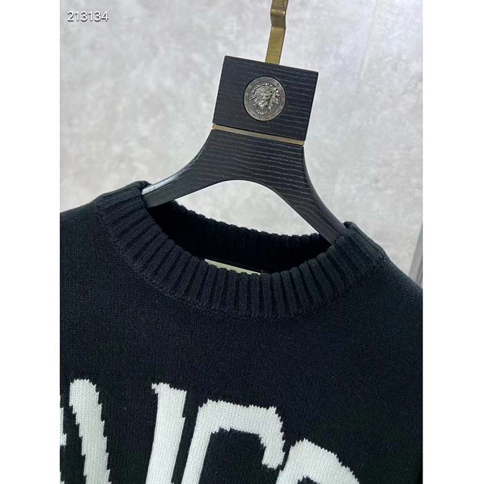 Gucci Men GG Wool Sweater Gucci Intarsia Blue Ivory Knit Crewneck Long Sleeves