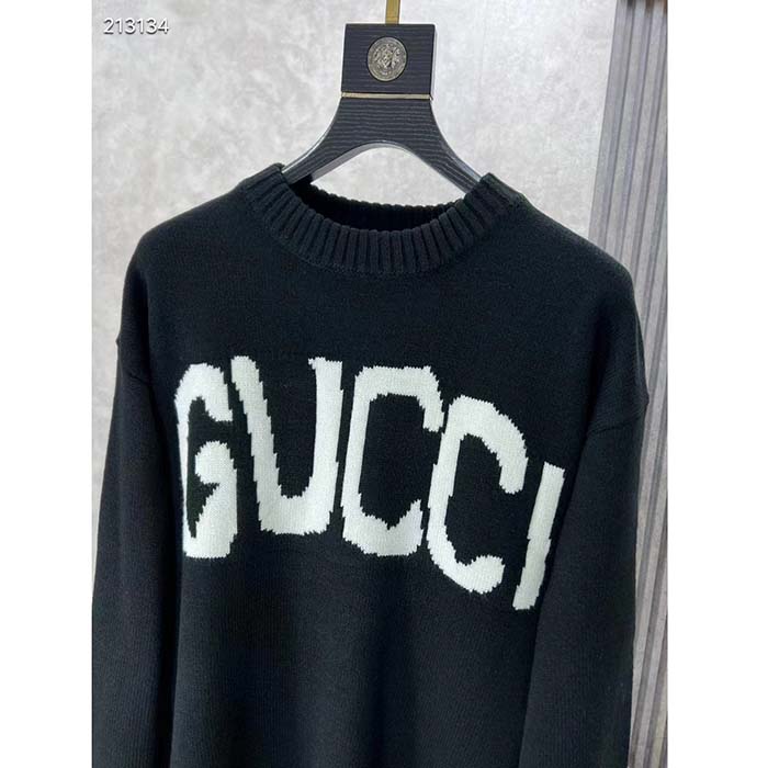 Gucci Men GG Wool Sweater Gucci Intarsia Blue Ivory Knit Crewneck Long Sleeves