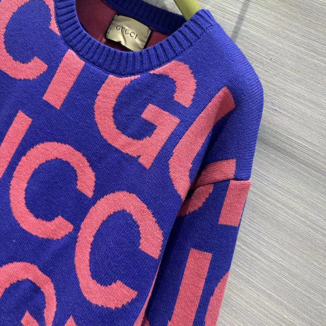 Gucci Men GG Wool Sweater Gucci Intarsia Blue Crewneck Dropped Shoulder