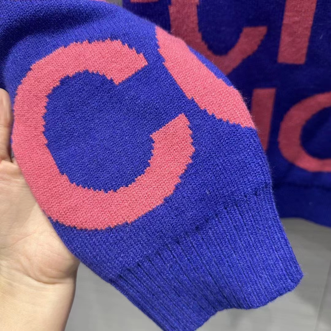 Gucci Men GG Wool Sweater Gucci Intarsia Blue Crewneck Dropped Shoulder