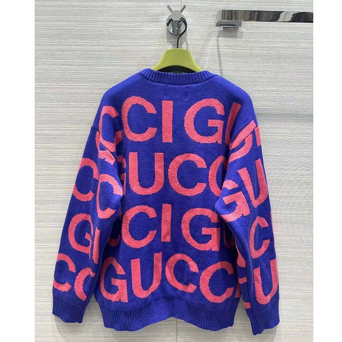 Gucci Men GG Wool Sweater Gucci Intarsia Blue Crewneck Dropped Shoulder