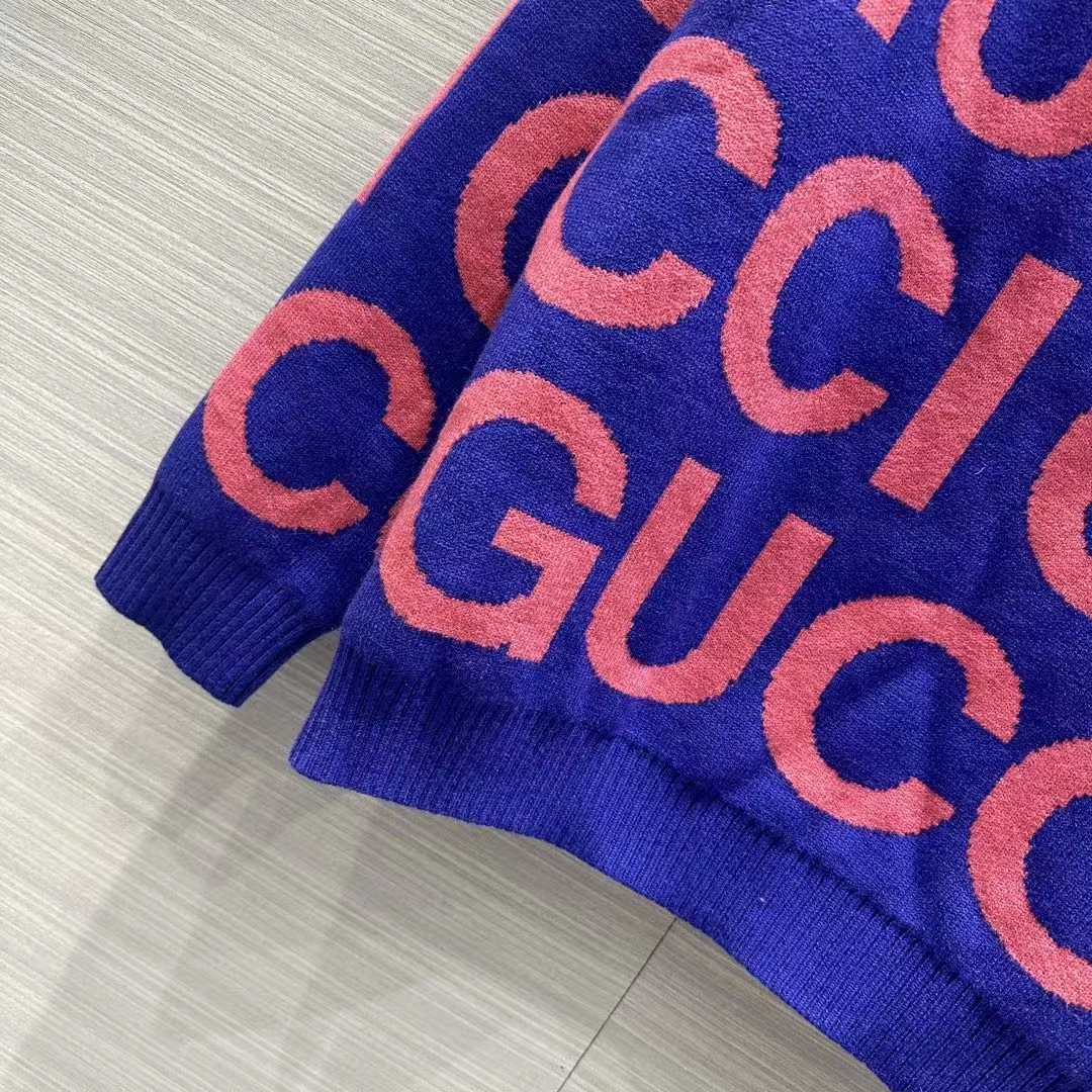 Gucci Men GG Wool Sweater Gucci Intarsia Blue Crewneck Dropped Shoulder
