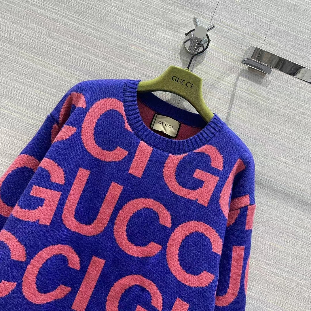 Gucci Men GG Wool Sweater Gucci Intarsia Blue Crewneck Dropped Shoulder