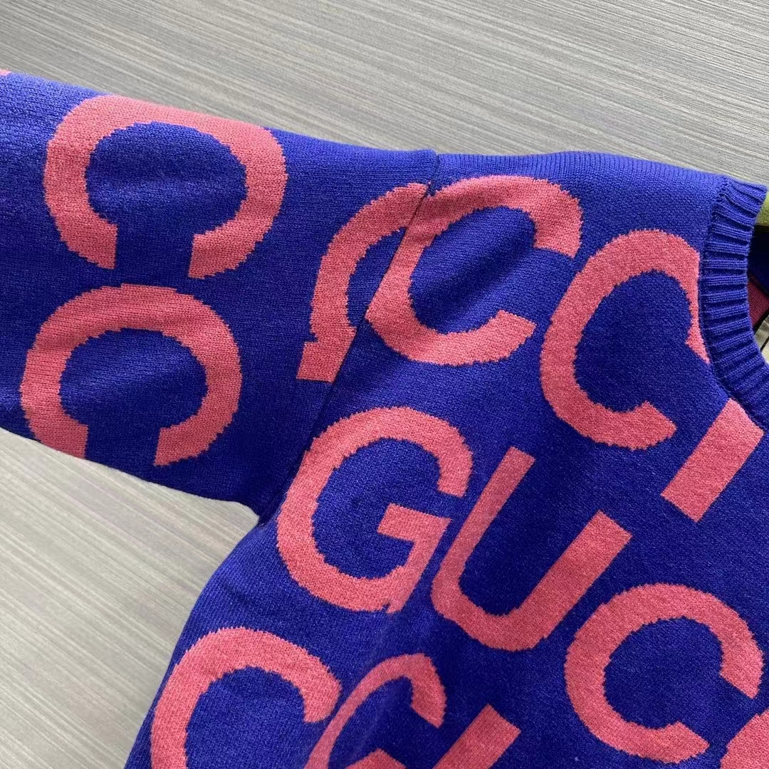 Gucci Men GG Wool Sweater Gucci Intarsia Blue Crewneck Dropped Shoulder