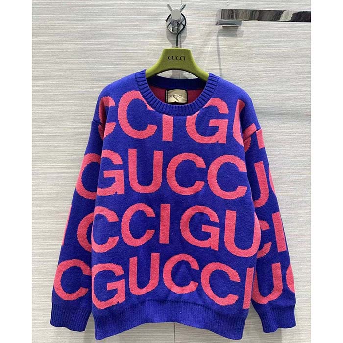 Gucci Men GG Wool Sweater Gucci Intarsia Blue Crewneck Dropped Shoulder