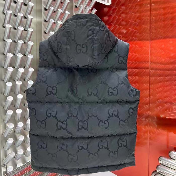 Gucci Men Jumbo GG Canvas Vest Padding Front Pockets Zip Closure Hood Zip Pocket