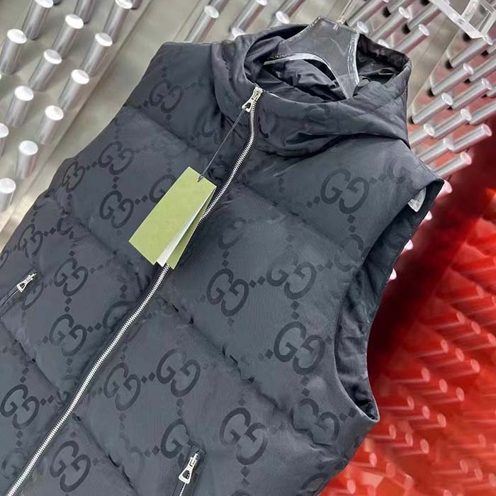 Gucci Men Jumbo GG Canvas Vest Padding Front Pockets Zip Closure Hood Zip Pocket