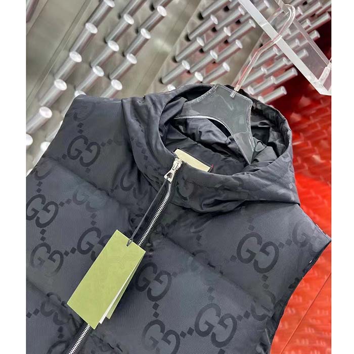 Gucci Men Jumbo GG Canvas Vest Padding Front Pockets Zip Closure Hood Zip Pocket