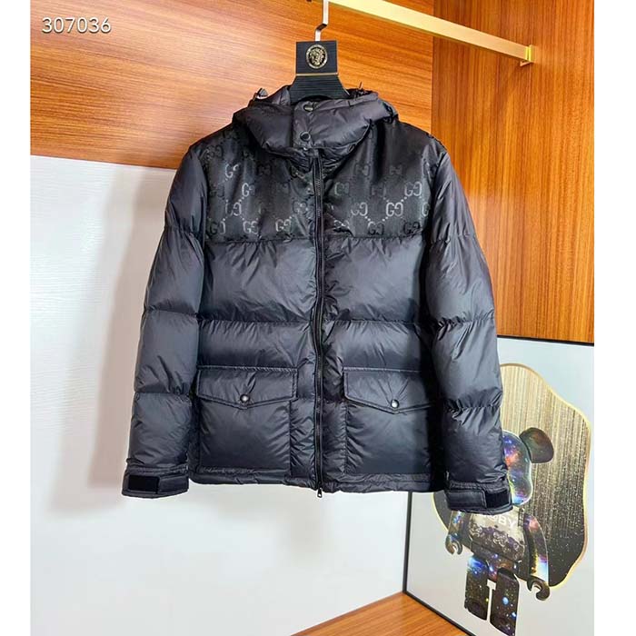 Gucci Men Nylon Down Jacket GG Inserts Feather Padding Lined High Neck Velcro Cuffs