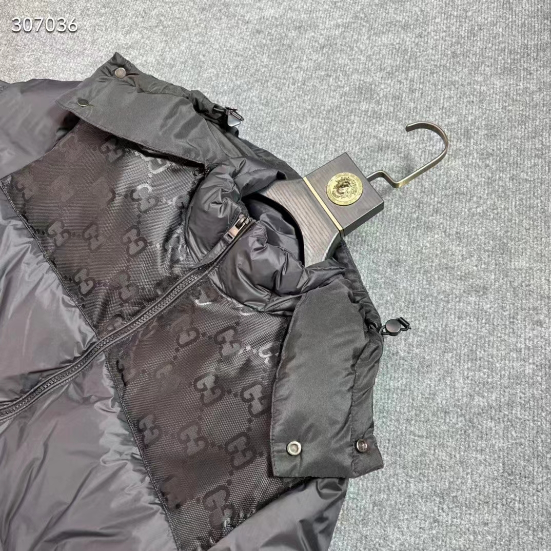 Gucci Men Nylon Down Jacket GG Inserts Feather Padding Lined High Neck Velcro Cuffs