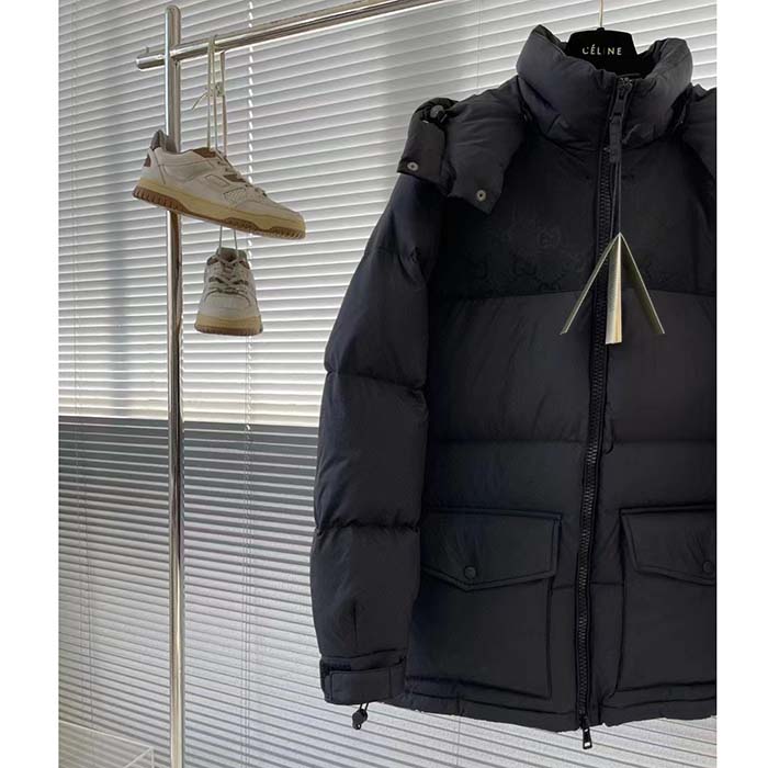 Gucci Women Nylon Down Jacket GG Iserts Black Canvas High Neck Velcro Cuffs Zip Closure